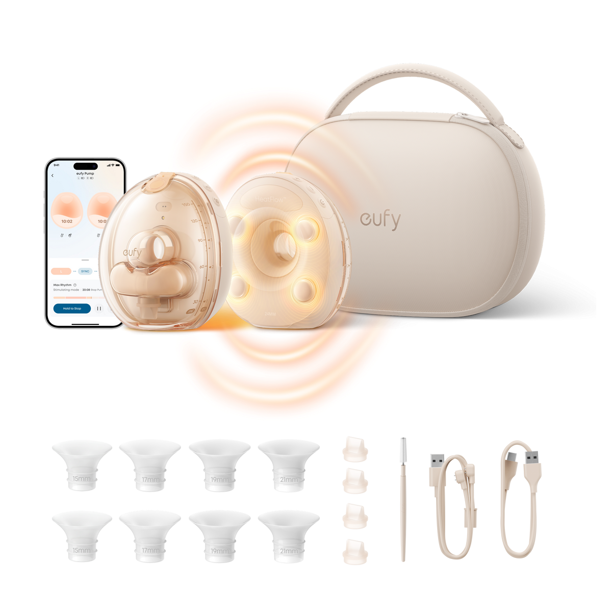 eufy Heated Massage Wearable Breast Pump S2 Pro, HeatFlow, Double-Sealed Flange, Nipple Light, DIY Rhythm, Full Milk & Leak Alert, Wireless Charging Case, 7-Day Battery, App Control, 300mmHg Suction