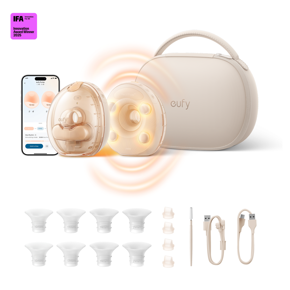 eufy Heated Massage Wearable Breast Pump S2 Pro, HeatFlow, Double-Sealed Flange, Nipple Light, DIY Rhythm, Full Milk & Leak Alert, Wireless Charging Case, 7-Day Battery, App Control, 300mmHg Suction