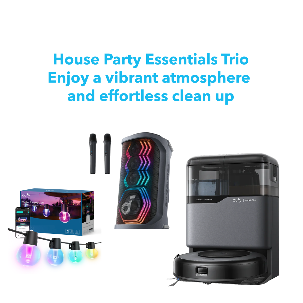 Eufy Robot Vacuum Omni C20 + Soundcore Rave 3S | AI Karaoke Party Speaker with 200W Sound + Eufy Outdoor String Lights E10