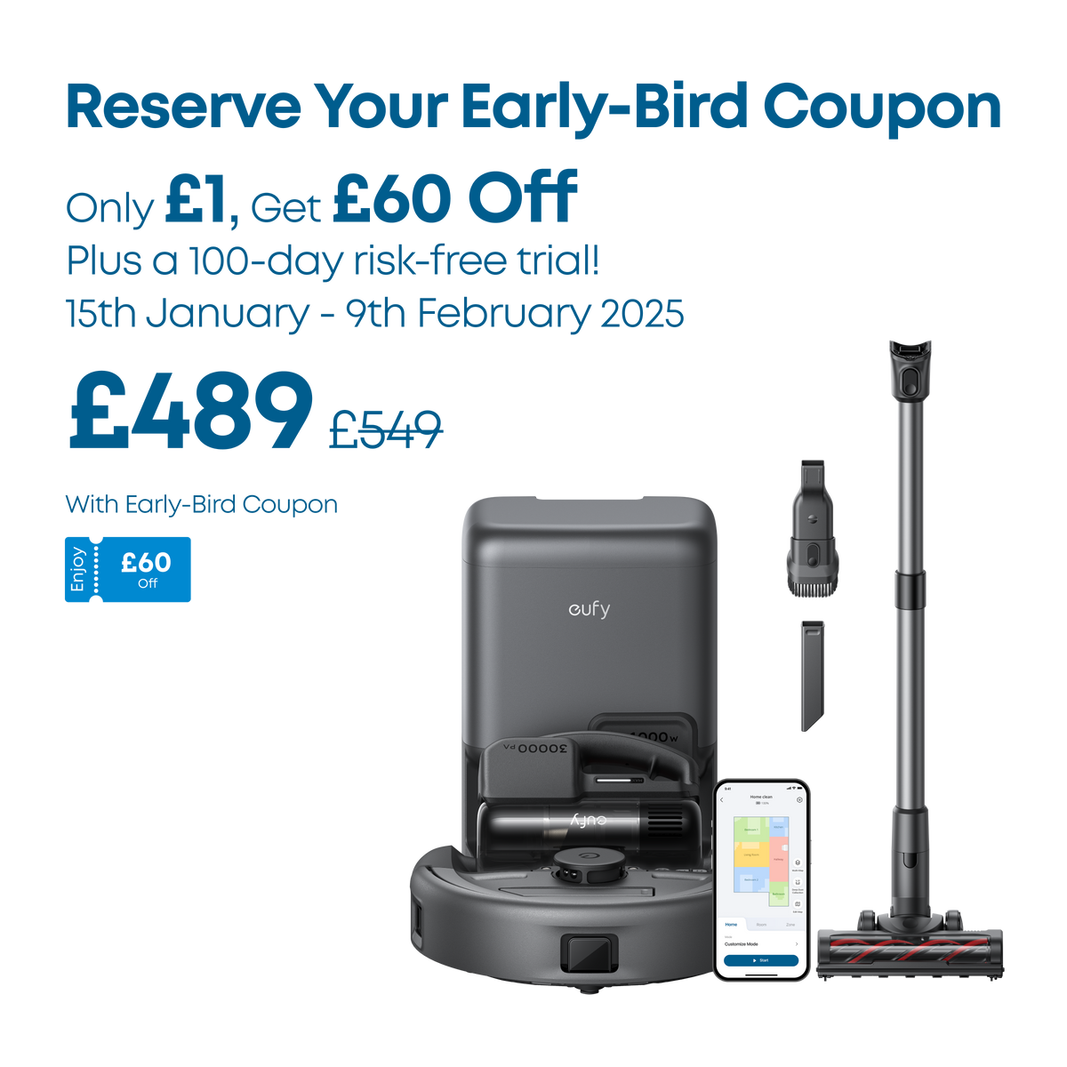 Early-Bird Coupon: Get £60 Off eufy Robot Vacuum 3-in-1 E20