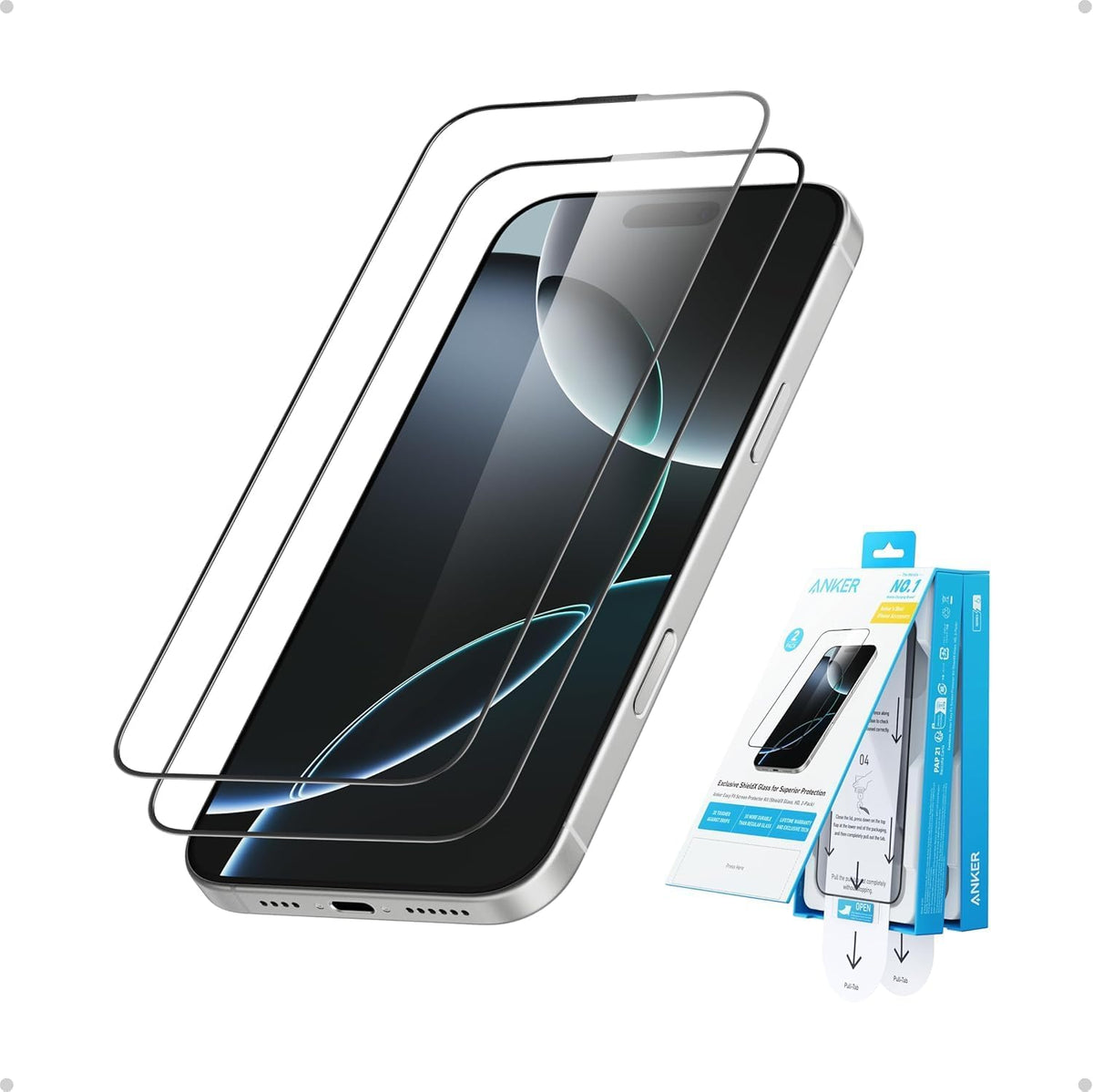 Anker Easy Fit Screen Protector Kit (ShieldX Glass, HD, 2-Pack) For iPhone 16 Plus