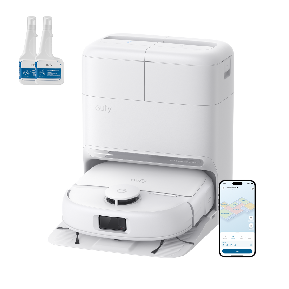 eufy Omni C28 Robot Vacuum (White) and Mop with 2 bottles of eufy Floor Cleaning Solution
