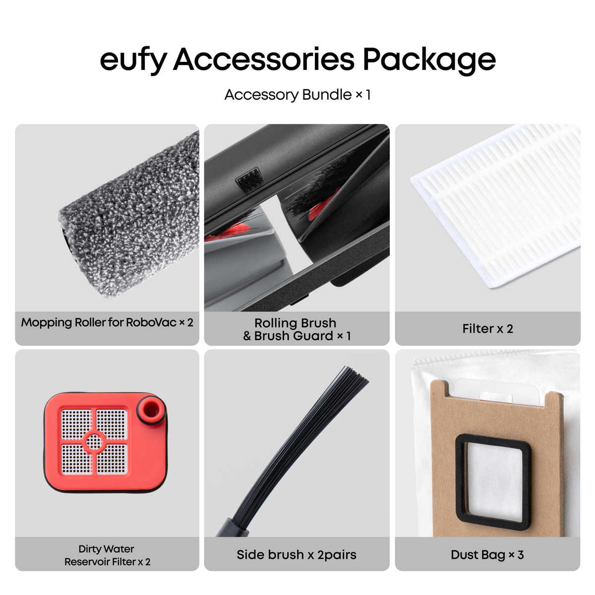 eufy Replacement Kit for C28, Side Brush ×2, Dirty Water Tank Filter ×2, Roller Brush and Brush Guard ×1, Dust Bag ×3, Roller Mop ×2, Replacement Filter ×2