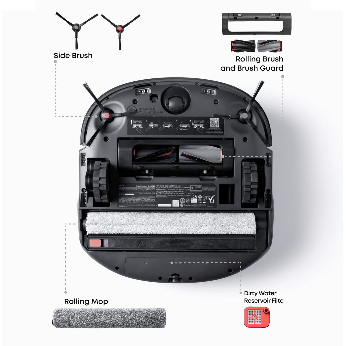 eufy Replacement Kit for C28, Side Brush ×2, Dirty Water Tank Filter ×2, Roller Brush and Brush Guard ×1, Dust Bag ×3, Roller Mop ×2, Replacement Filter ×2