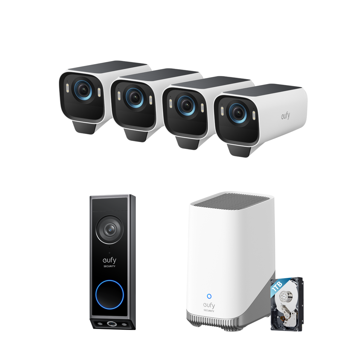 eufyCam S3 Pro 4-Cam Kit  + Video Doorbell E340 + 1 TB Hard Drive