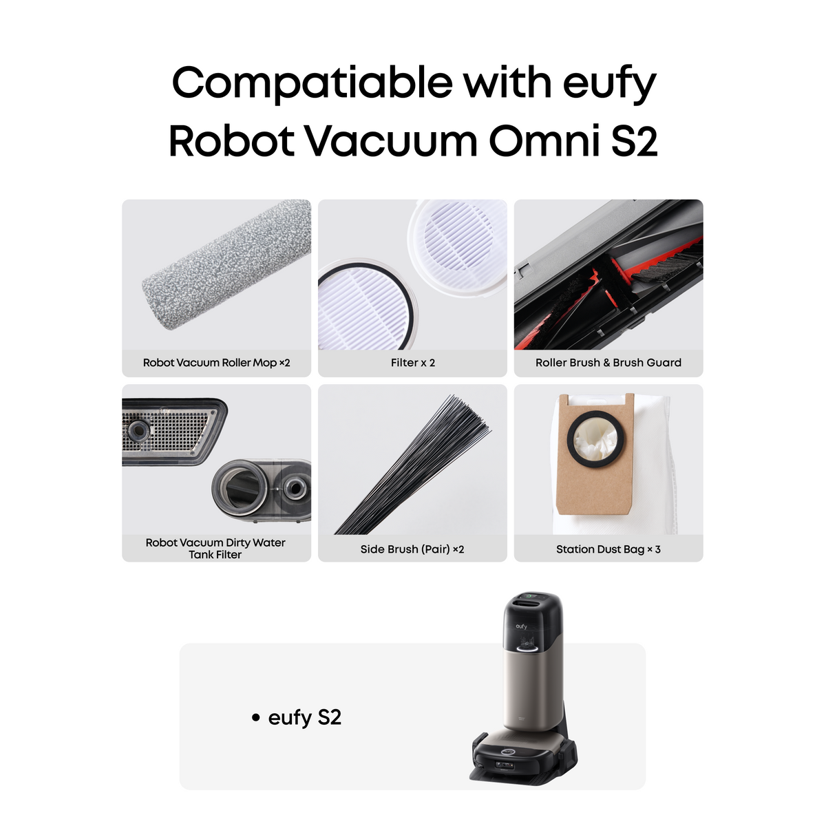 eufy S2 Replacement Accessory Kit, 2 Pairs of Side Brushes, 2 Filter Sets, 1 Roller Brush, 1 Brush Guard, 1 Dust Bag, 1 Roller Mop, 1 Water Tank Filter