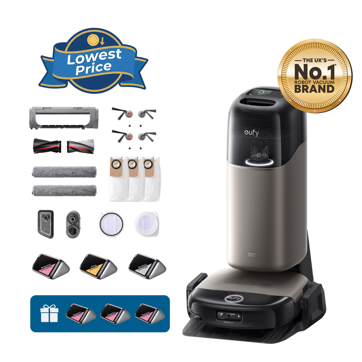 eufy Omni S2 Robot Vacuum and Mop with Replacement Kit and 2 Fragrance Refills