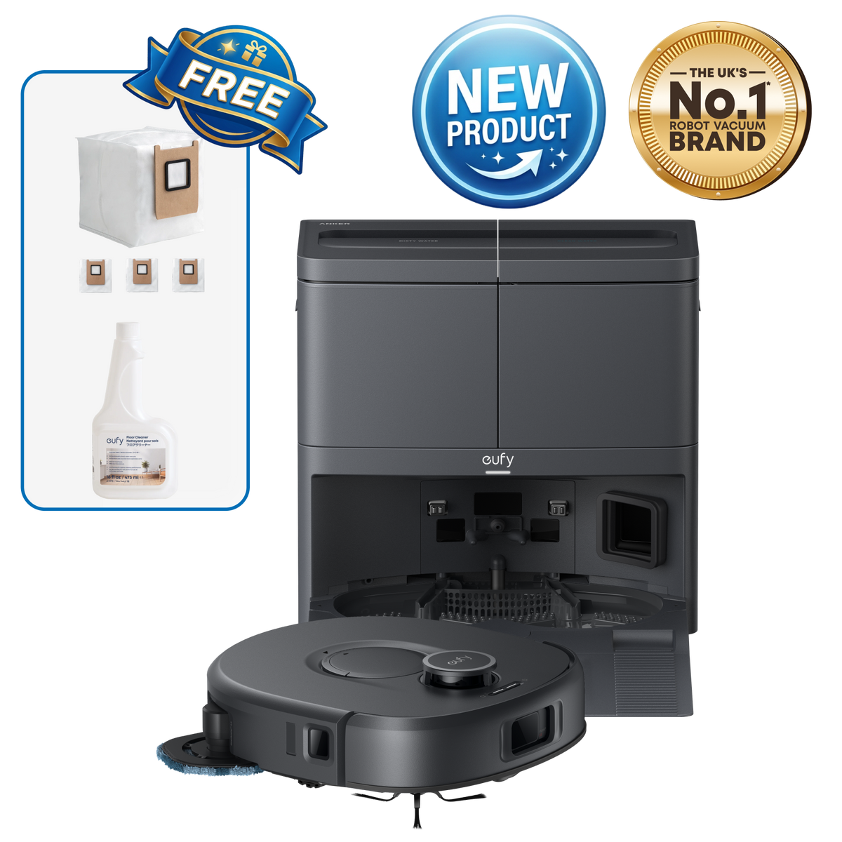 eufy C30 Edge Robot Vacuum and Mop Combo with 3 Dust Bags and 1 Floor Cleaning Solution